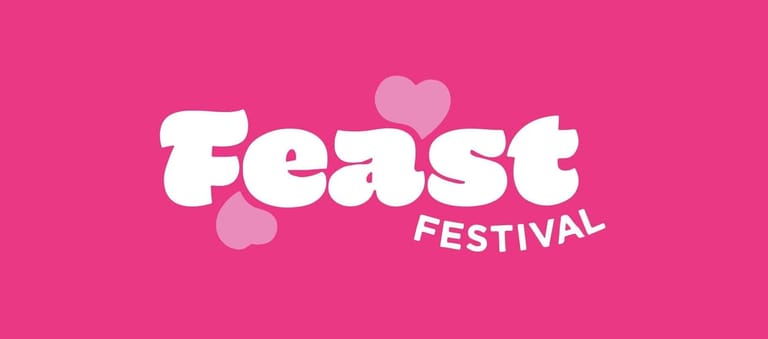 Feast Festival logo in white lettering on a vibrant pink background.
