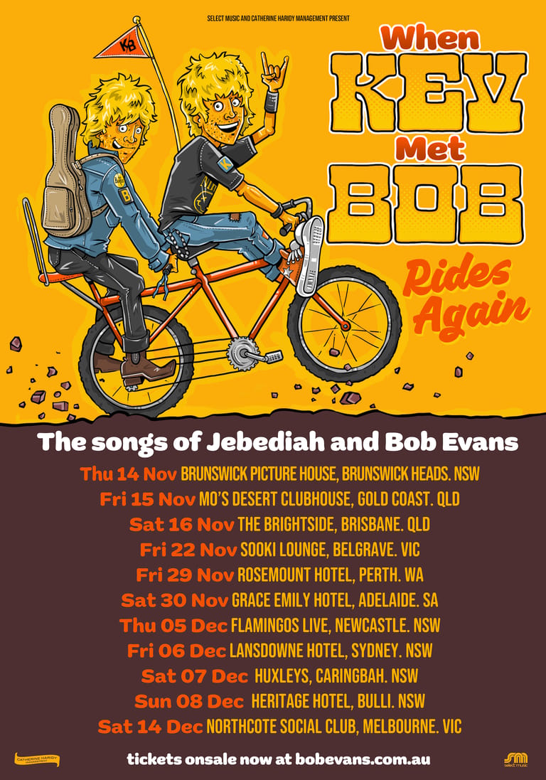 Two animated musicians with wild blonde hair ride a tandem bicycle against a bright yellow background, promoting a tribute tour to the songs of Jebediah and Bob Evans.