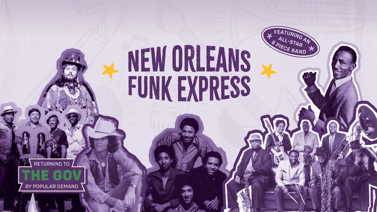 Purple-toned promotional graphic for New Orleans Funk Express featuring illustrated band members and golden stars.