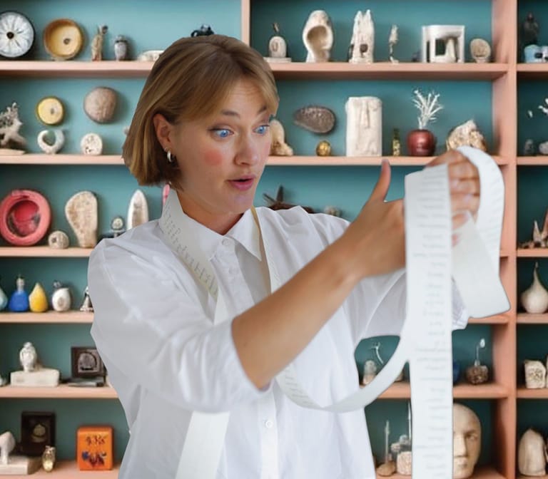 Woman in white shirt examining a ceramic vessel before shelving displaying decorative pottery and objects.