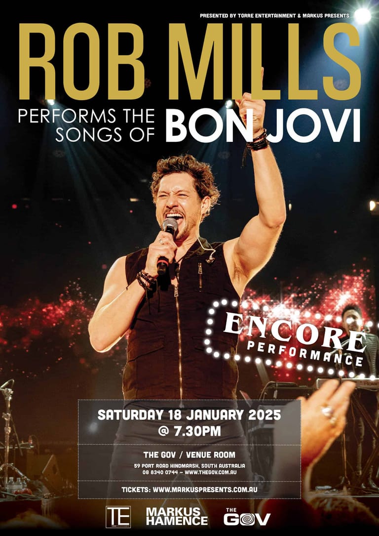 Man with curly hair singing into microphone with fist raised, promoting a Bon Jovi tribute performance at The Gov venue.
