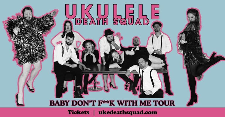 Ukulele Death Squad band members in costume posed around tour title text against a light blue background.