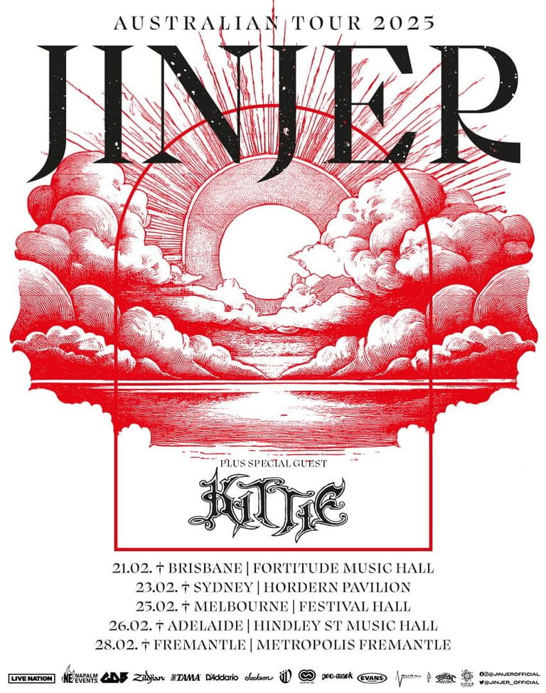 Red and white engraved illustration of dramatic clouds and sky for Jinjer's Australia Tour 2025 poster.