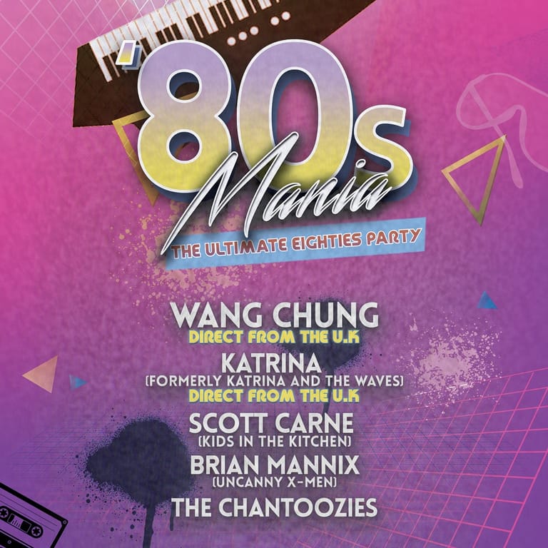 Bright purple and pink promotional poster for an 80s-themed party featuring performer names and retro design elements.