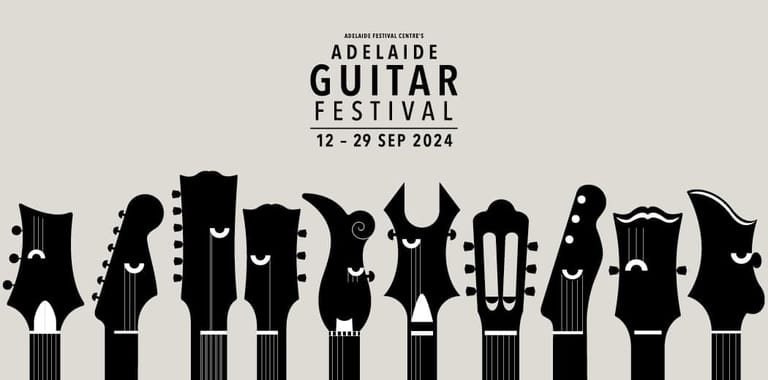 Row of electric guitar silhouettes in black against white background for Adelaide Guitar Festival 12–29 September 2024.