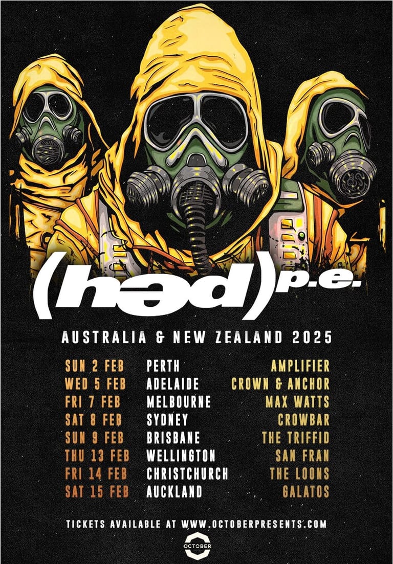 Three figures in yellow hazmat suits with gas masks against black background, (hed) p.e. Australia and New Zealand 2025 tour dates listed below.