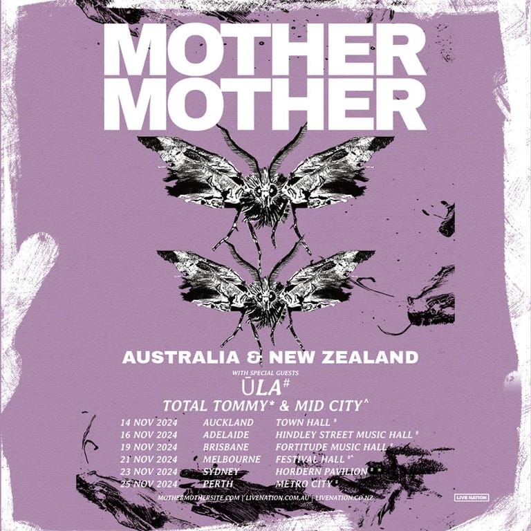 Mother Mother tour poster featuring two insects with spread wings against purple background and Australian and New Zealand dates listed.