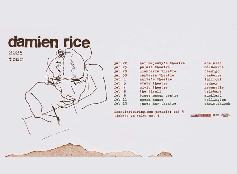 Line-drawn portrait of Damien Rice with 2025 tour dates and venues listed alongside.
