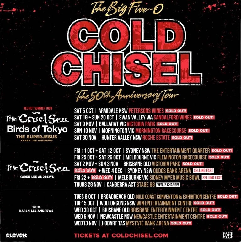 Cold Chisel tour poster displaying red bold lettering against black background with Australian venue dates and locations listed.