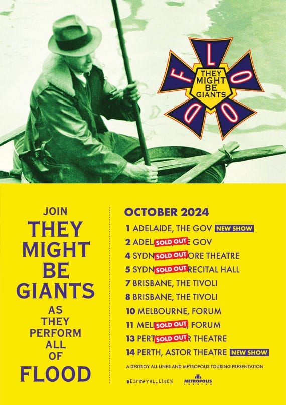 Sepia-toned figure in hat and coat wielding a pole against stylised green background, beside tour dates poster for They Might Be Giants.