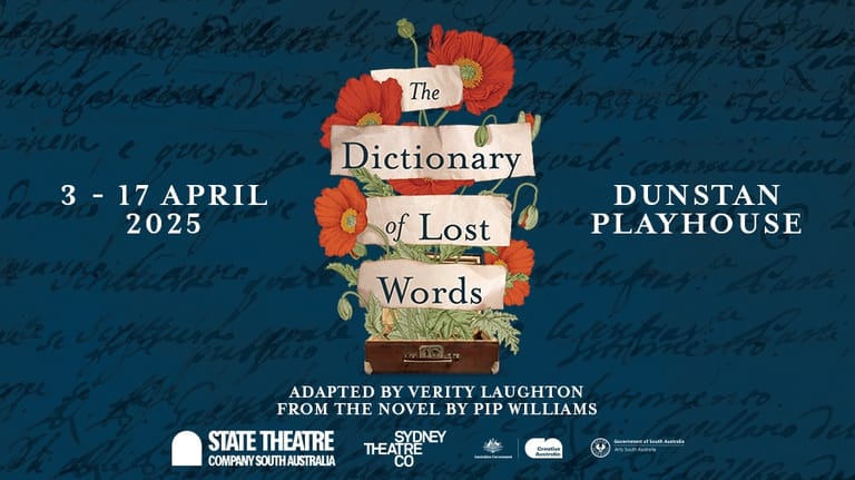 Theatrical poster for "The Dictionary of Lost Words" showing stacked books with red flowers against a blue handwritten-text background, with dates and venue details.