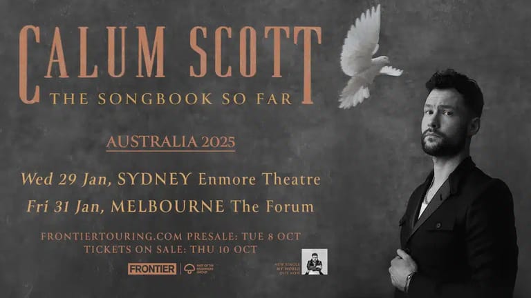 Calum Scott promotional poster for The Songbook So Far Australian tour, featuring the artist in dark formal wear against a grey background with a white dove.