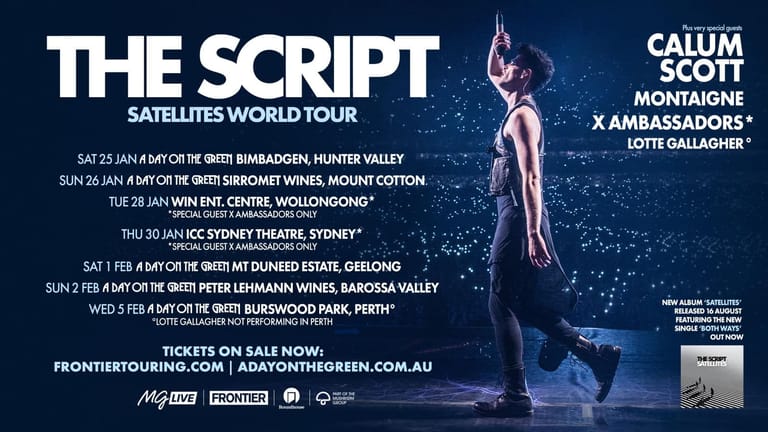 The Script frontman on stage in spotlight during the Satellites World Tour, with tour dates and venue information displayed.