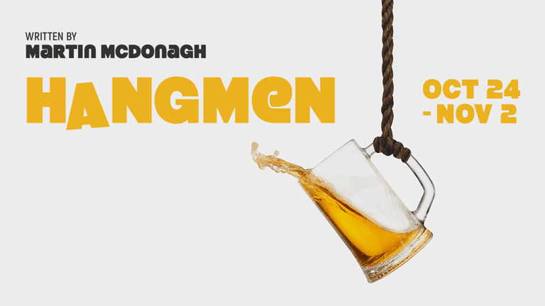A noose with a gold party hat dangles against a white background for Martin McDonagh's Hangmen theatre production.
