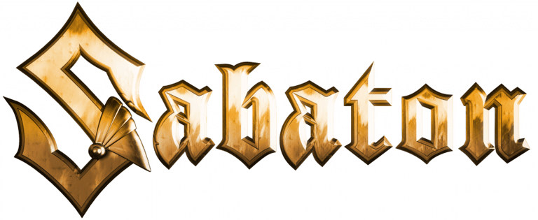 Sabaton logo in gold Gothic lettering against a dark background.