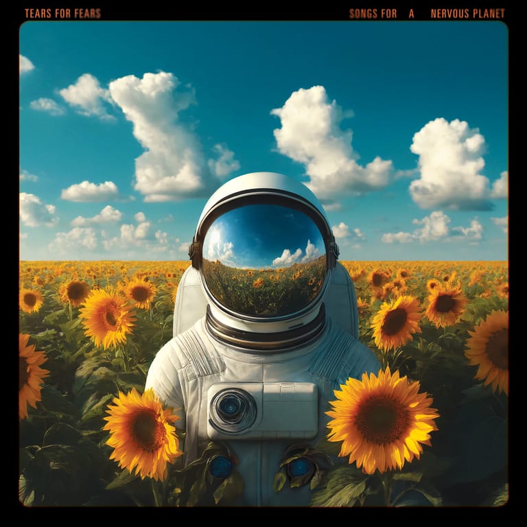 Astronaut in white spacesuit standing in sunflower field, helmet reflecting blue sky and landscape.