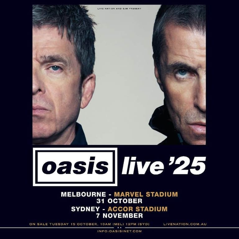 Two men's faces in profile on a black background with "oasis live '25" text and Australian tour dates listed below.