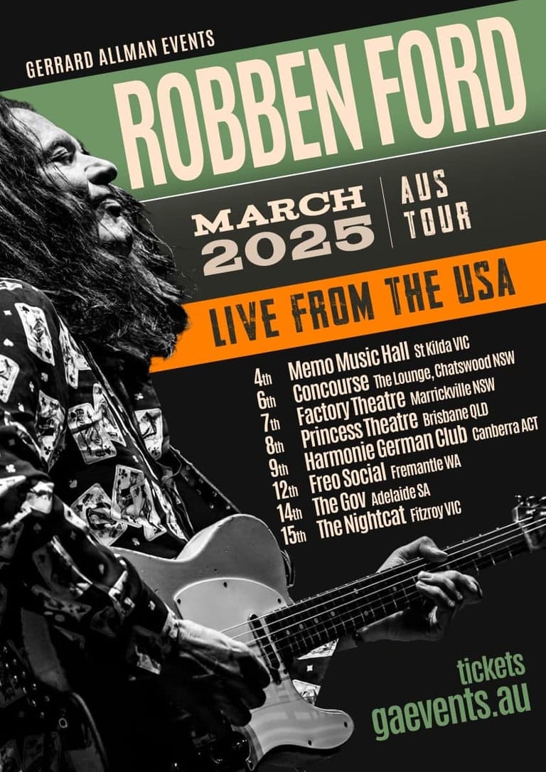 Robben Ford tour poster featuring a bearded musician playing electric guitar against black and green promotional text.