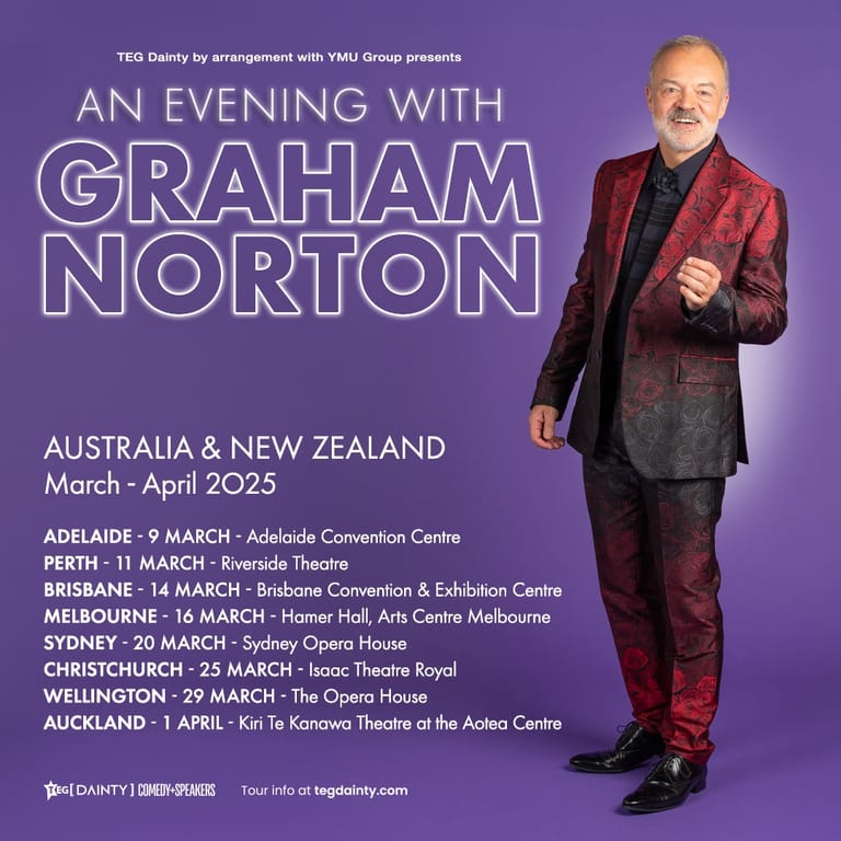 Man in burgundy and grey jacket holding microphone against purple background with tour dates listed.