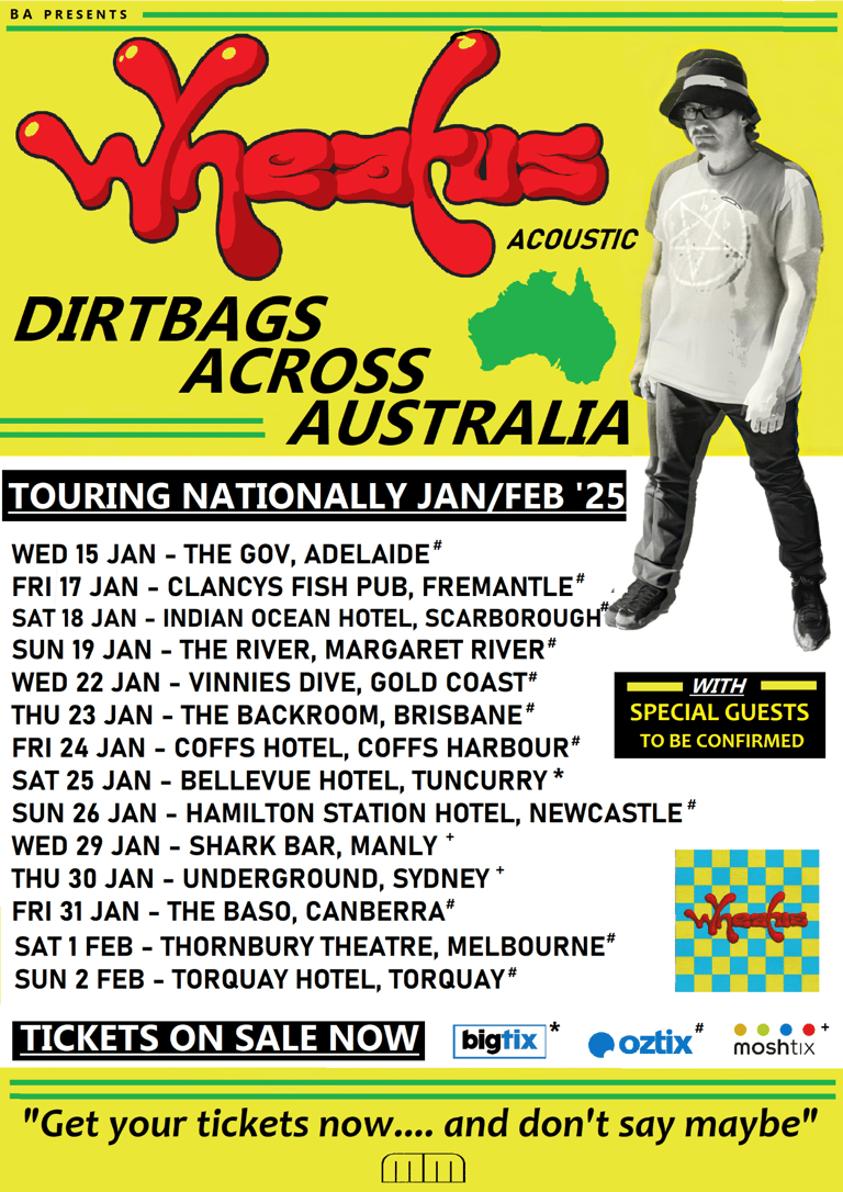 Wheatus acoustic tour poster featuring band name in red lettering against bright yellow background with Australian map and tour dates.