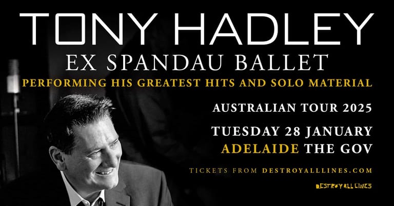 Tony Hadley promotional image for Australian tour, black and white portrait with tour dates and venue details in text overlay.