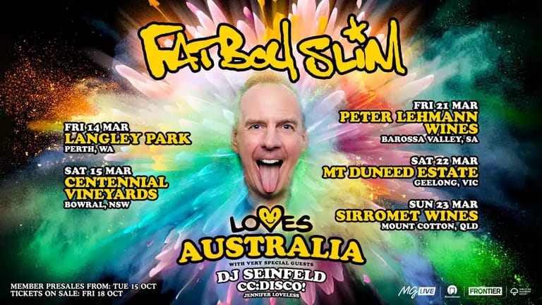 Promotional poster for a music festival featuring a bald man with an excited expression against a colourful, abstract background with event dates and venue details.