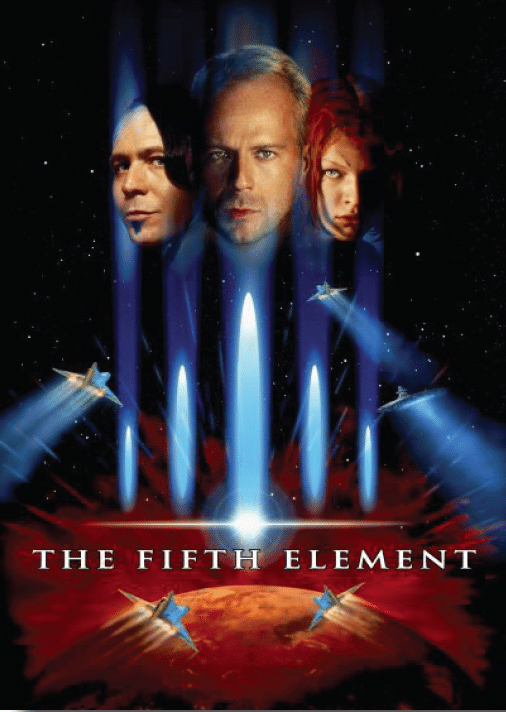 Three figures with dramatic blue lighting and glowing energy beams against a starfield in The Fifth Element movie poster.
