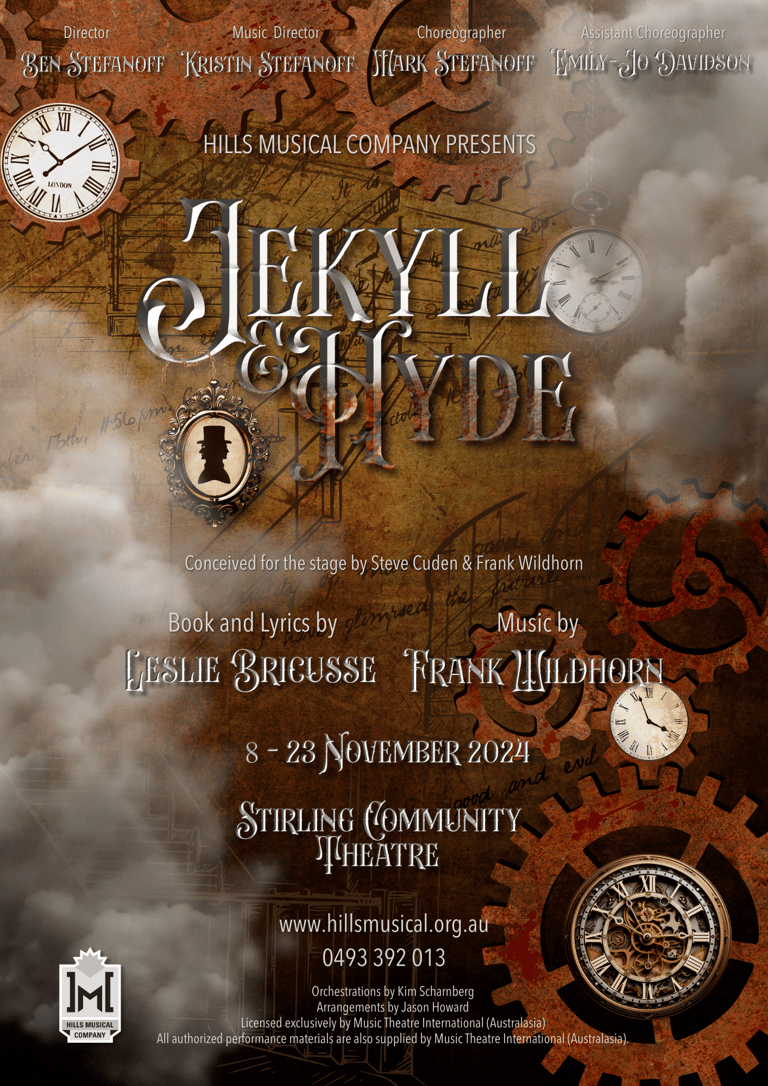 Promotional poster for Jekyll & Hyde musical featuring vintage clocks, gears, and silhouette imagery against a steampunk-styled brown and grey background.