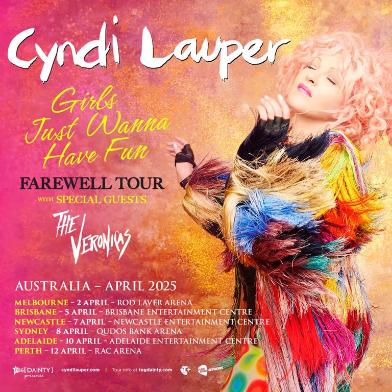 Cyndi Lauper in a colourful feathered jacket on her Farewell Tour promotional poster for Australian dates in April 2025.