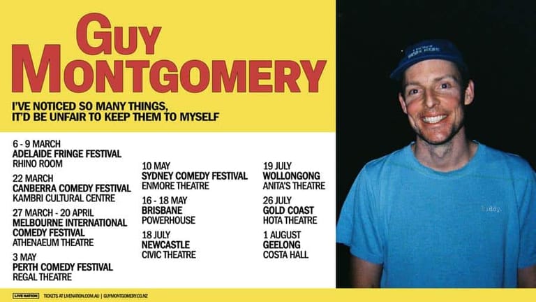 Guy Montgomery smiling at the camera wearing a bright blue shirt against a yellow and black promotional background listing his tour dates.