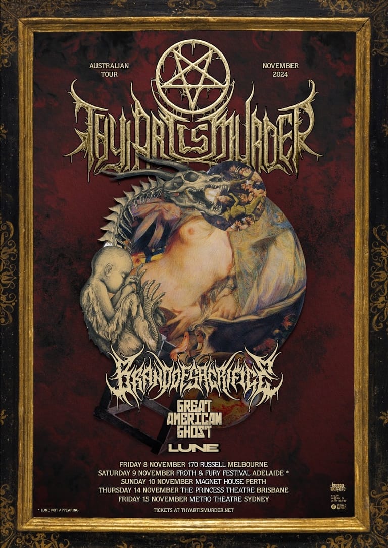 Hellfire Deathwhip Australian tour poster featuring a pentagram and classical-style artwork on dark red background, November 2024.