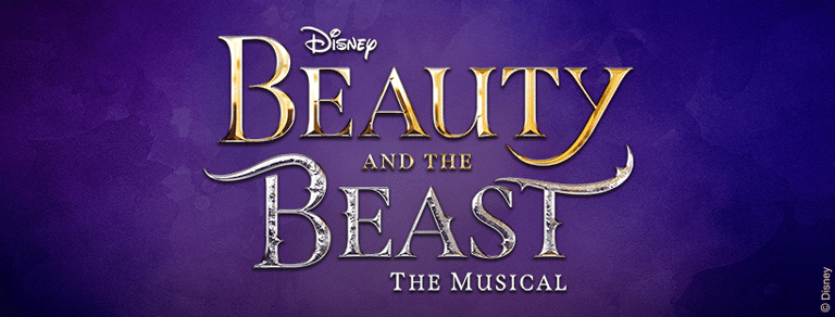 Disney's Beauty and the Beast The Musical logo displayed in gold lettering against a purple background.