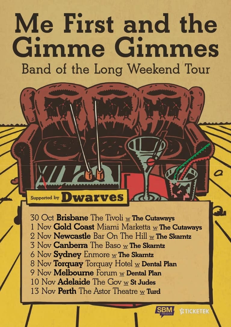 Me First and the Gimme Gimmes Band of the Long Weekend Tour poster featuring a red couch and cocktail glasses against a yellow background.