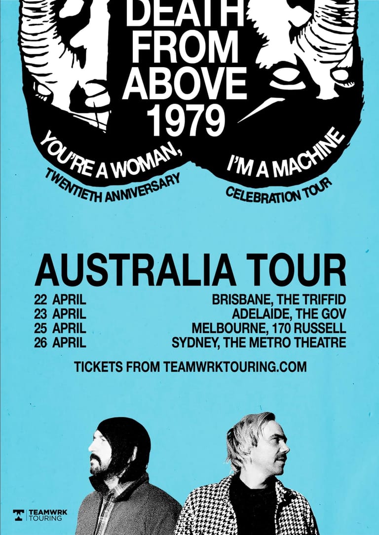 Death From Above 1979 Australia tour poster featuring two band members in profile against bright blue background with tour dates.