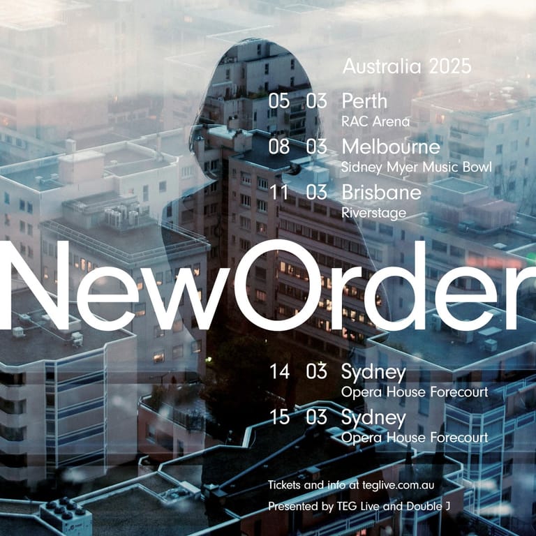 New Order Australia 2025 tour poster featuring band member silhouette overlaid on cityscape with concert dates.