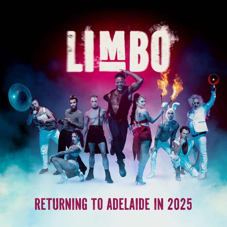 Ensemble cast of performers in dramatic pose beneath glowing "LIMBO" text, with blue and pink stage lighting.