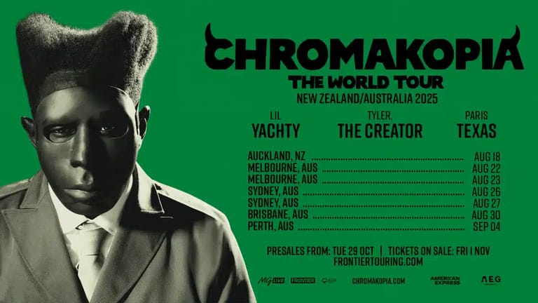 Stylised portrait of a figure with sculptural dark hair against a bright green background promoting the Chromakopia World Tour 2025 across Australian cities.