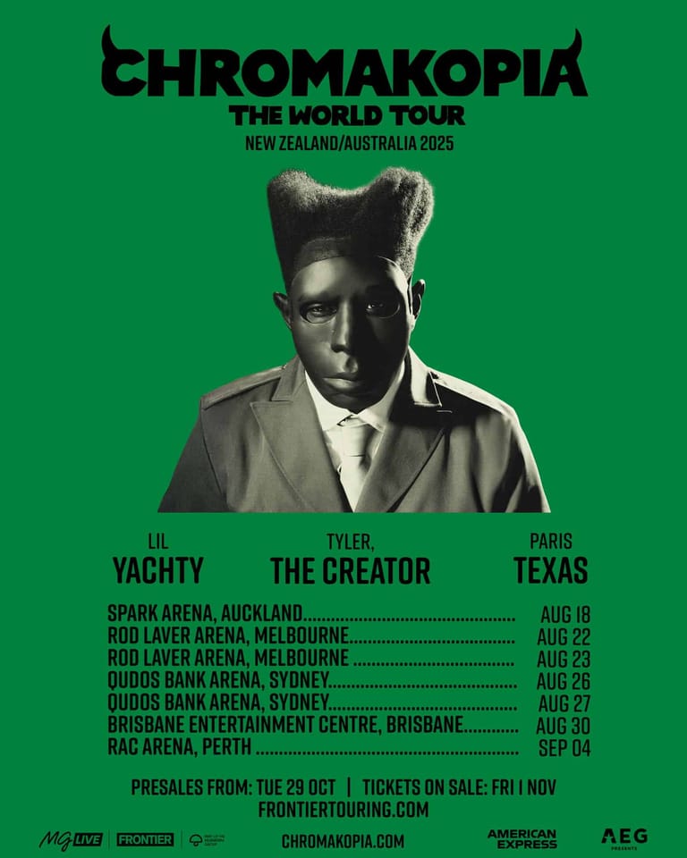 Person with styled dark hair and pale makeup in white jacket against green background for Chromakopia World Tour poster.