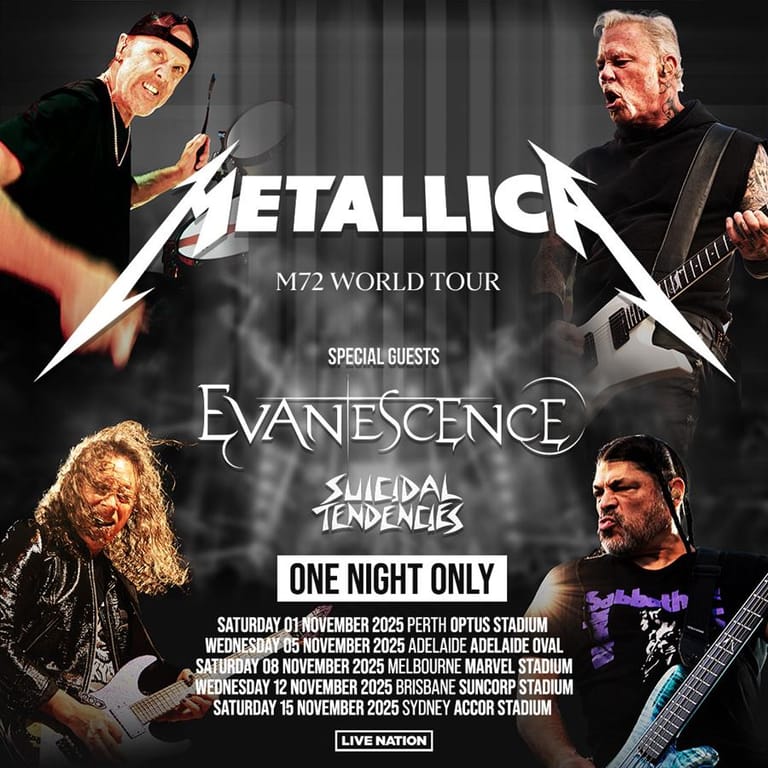 Metallica band members perform across tour promotional poster featuring M72 World Tour dates with Evanescence and Suicidal Tendencies as special guests.