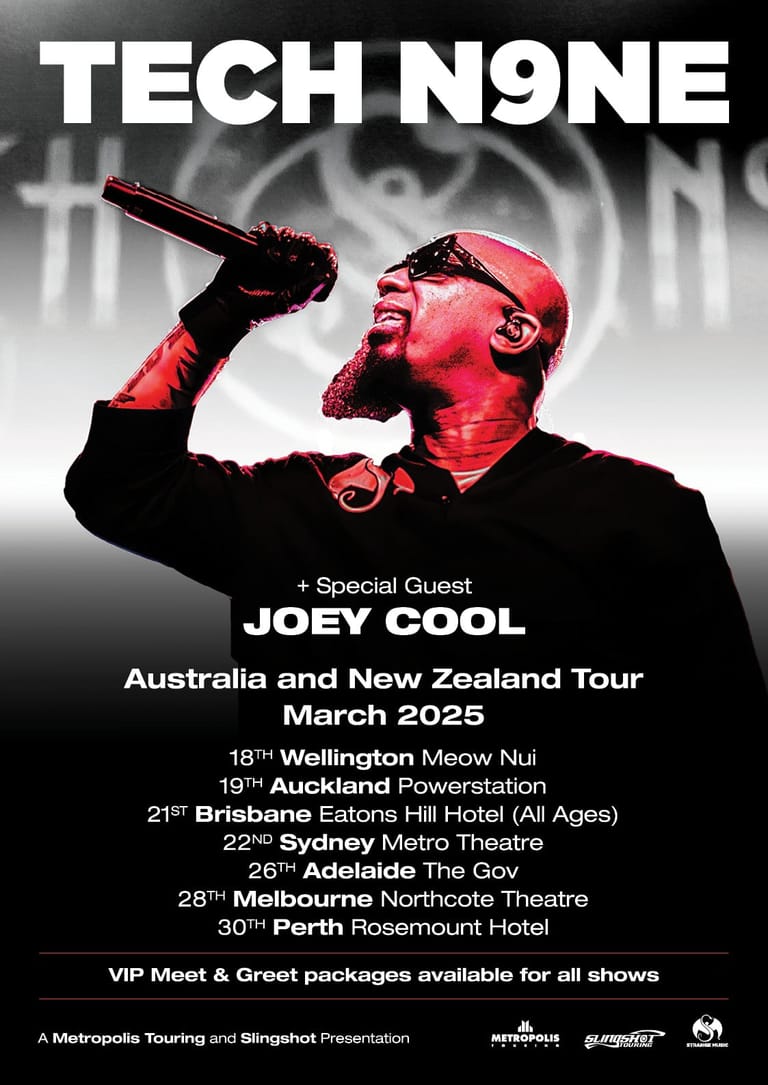 Performer in red cap and jacket singing into microphone against monochrome urban backdrop, tour poster for Tech N9ne with Joey Cool.