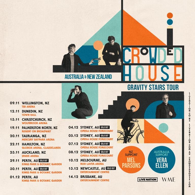 Crowded House Gravity Stairs Tour poster showing band members and Australian and New Zealand concert dates in geometric mid-century design.