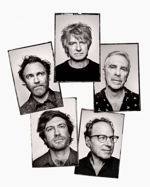 Five black and white portrait photographs of men arranged in a staggered composition.