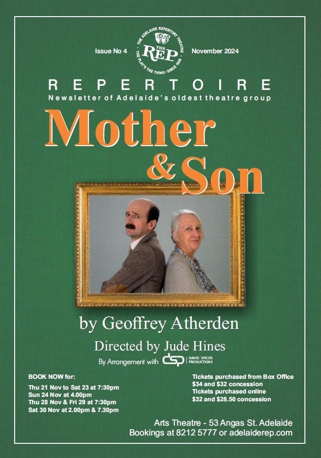 Two men in period costume sit back-to-back in a gilt-framed portrait, cover art for Repertoire Theatre's production of Mother & Son.
