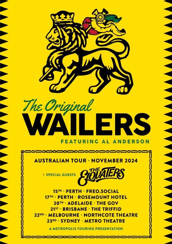 The Original Wailers tour poster featuring a stylised lion with crown on bright yellow background and Australian dates listed.