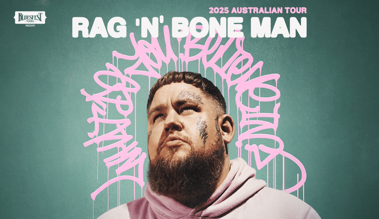 Man with beard wearing pink hoodie against green background with pink text reading "Rag'n'Bone Man 2025 Australian Tour".