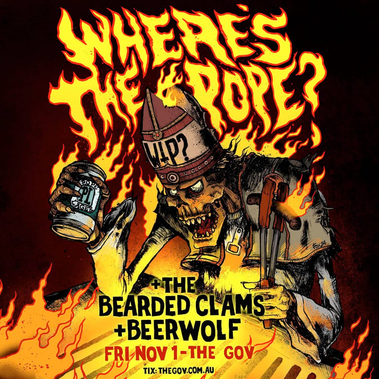 Skull holding beer and weapons surrounded by yellow flames on a poster advertising a live music event featuring rock bands.