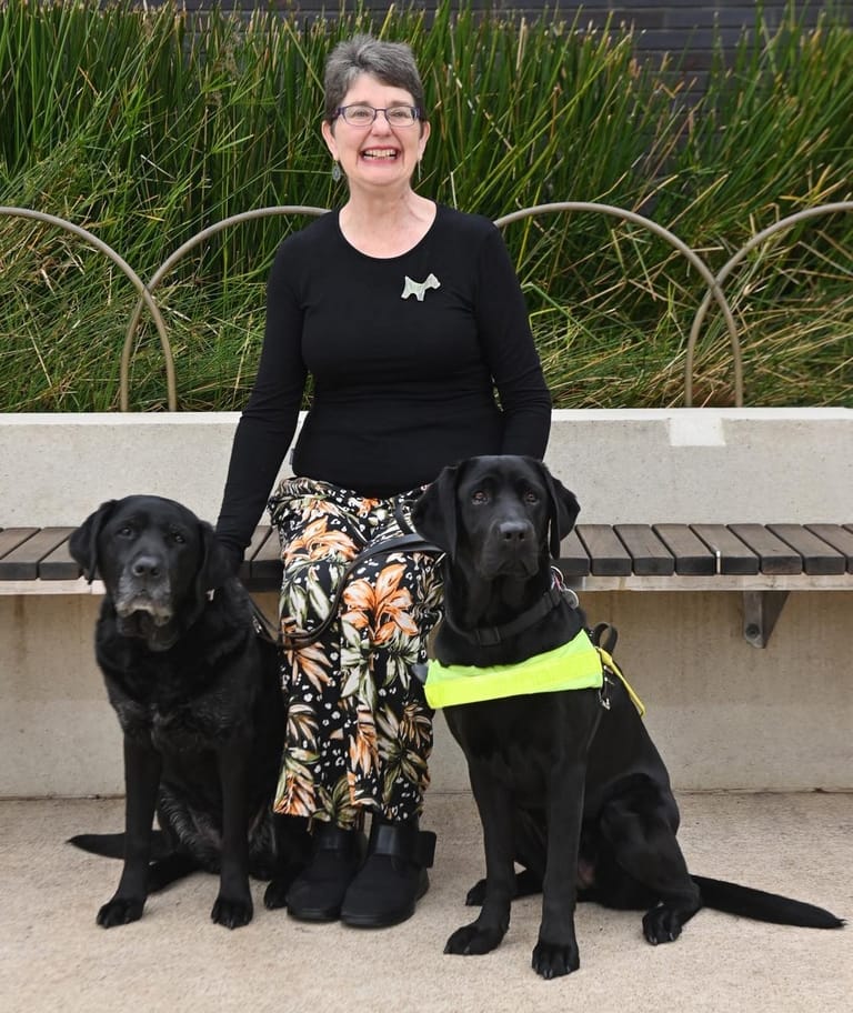 Smiling woman in black top and patterned skirt poses with two black Labrador dogs wearing high-visibility vests outdoors.