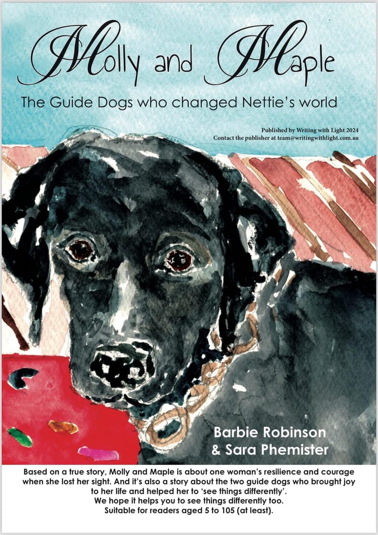 Black guide dog's portrait with white markings gazes forward against watercolour background of red and blue tones.