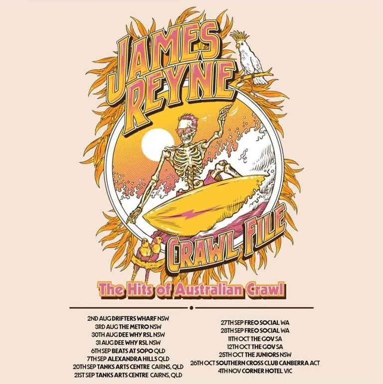 Skeleton surfer rides a yellow wave beneath "James Boyne Crawl" text on a vintage-style concert poster.