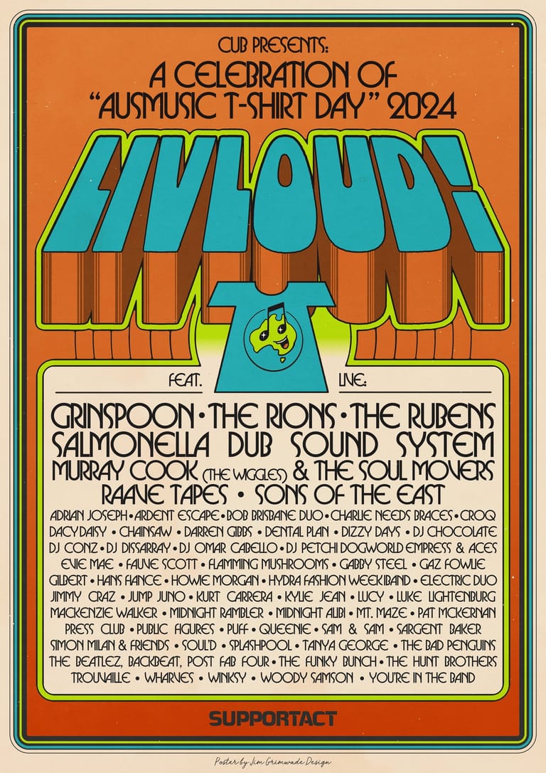 Vintage-style concert poster in orange and turquoise announcing a 2024 Australian music festival celebration with multiple band names listed.